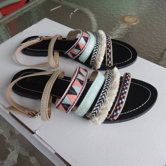 Restricted women's sandals size 8, aqua &coral, cream color top straps, bohemian - Picture 1 of 10